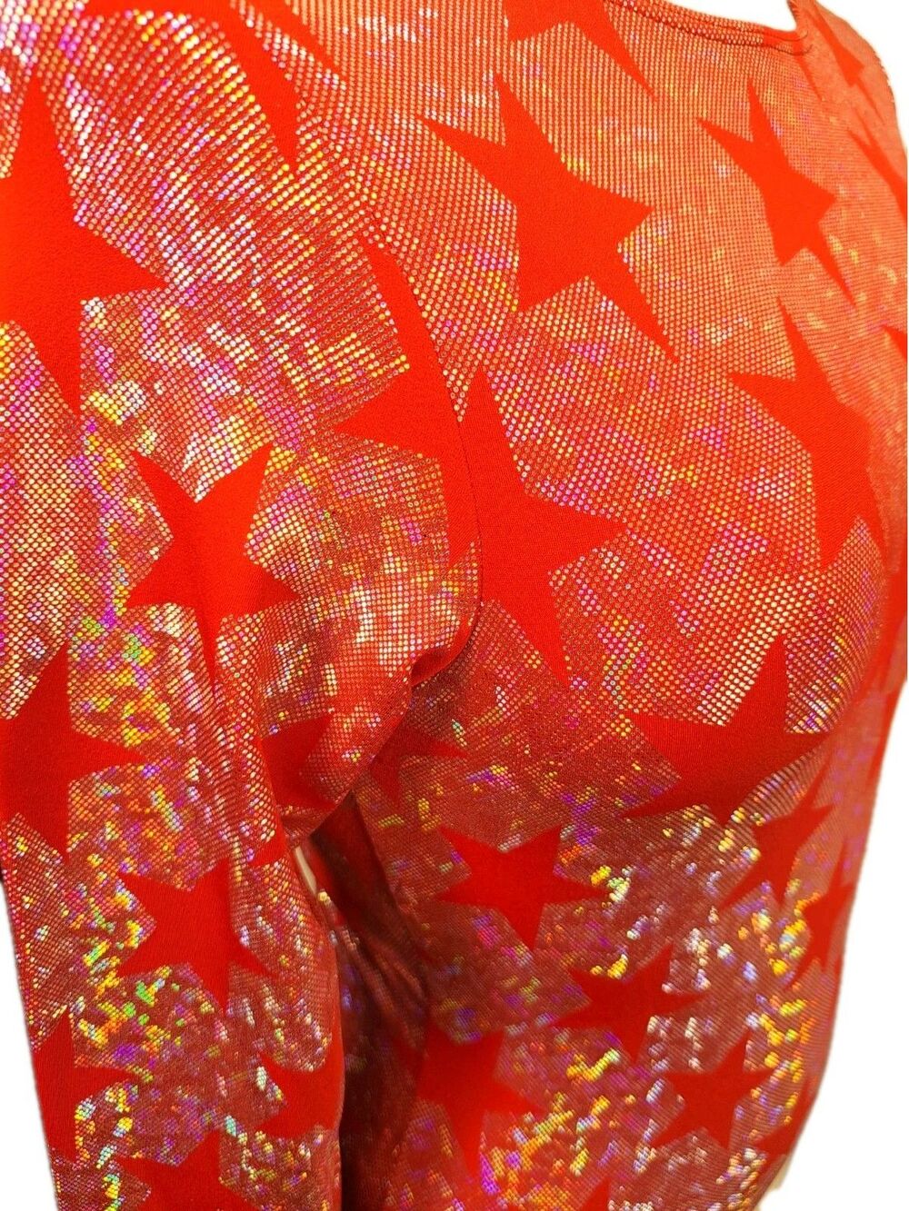 GK Elite VTG Holographic Americana Red Star Shimmering LS Logo Leotard Size AXL - Picture 10 of 16